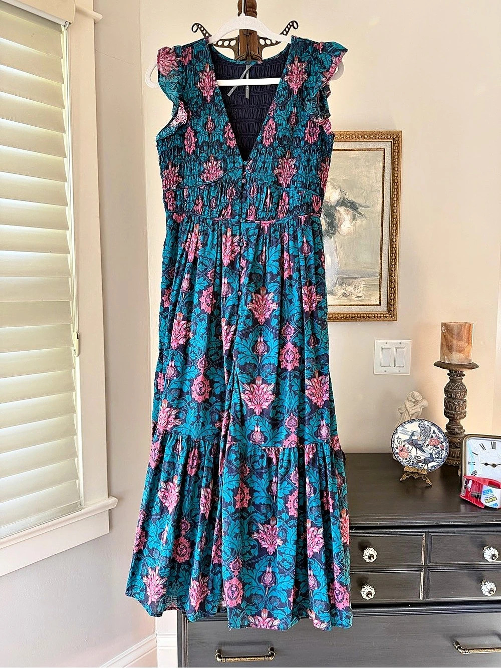 Anthropologie Floral Maxi Dress in Green & Pink